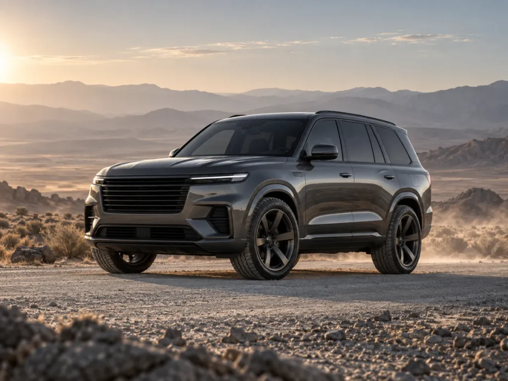 Build inspiration concept of an original luxury SUV on a firm desert road.