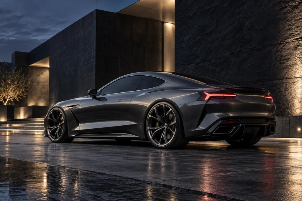 Concept street inspiration: original low graphite coupe beside minimal architecture at night.