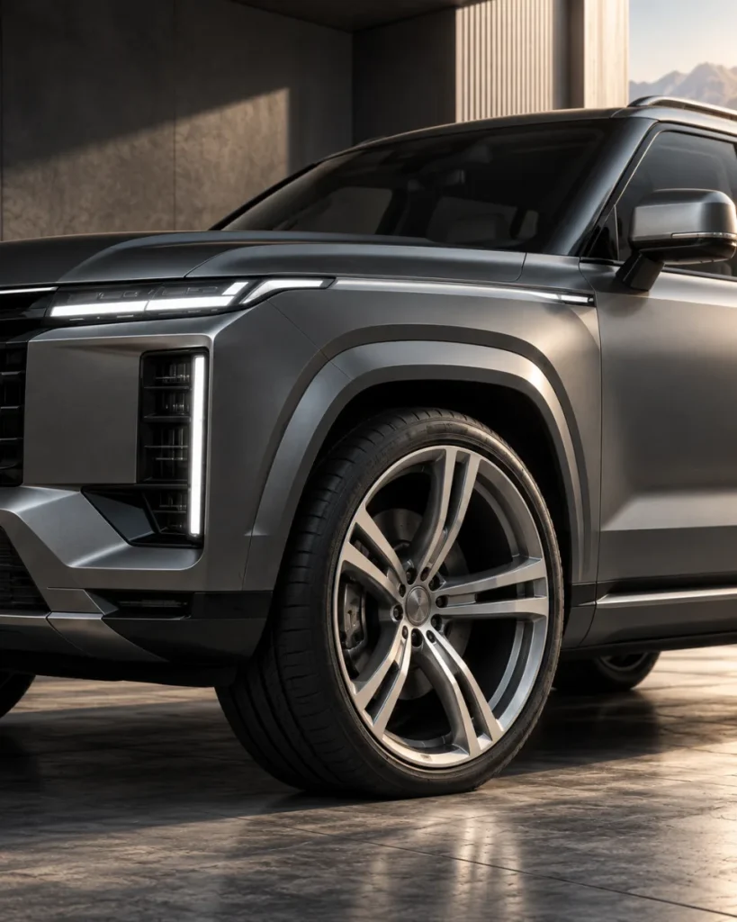 Concept detail of a wheel, tire and wheel arch on an original graphite SUV.