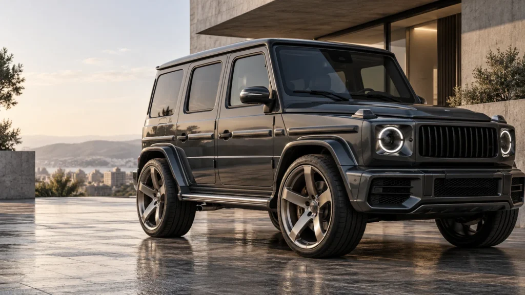 G-Class-inspired SUV concept in an architectural city setting — AI-generated design inspiration