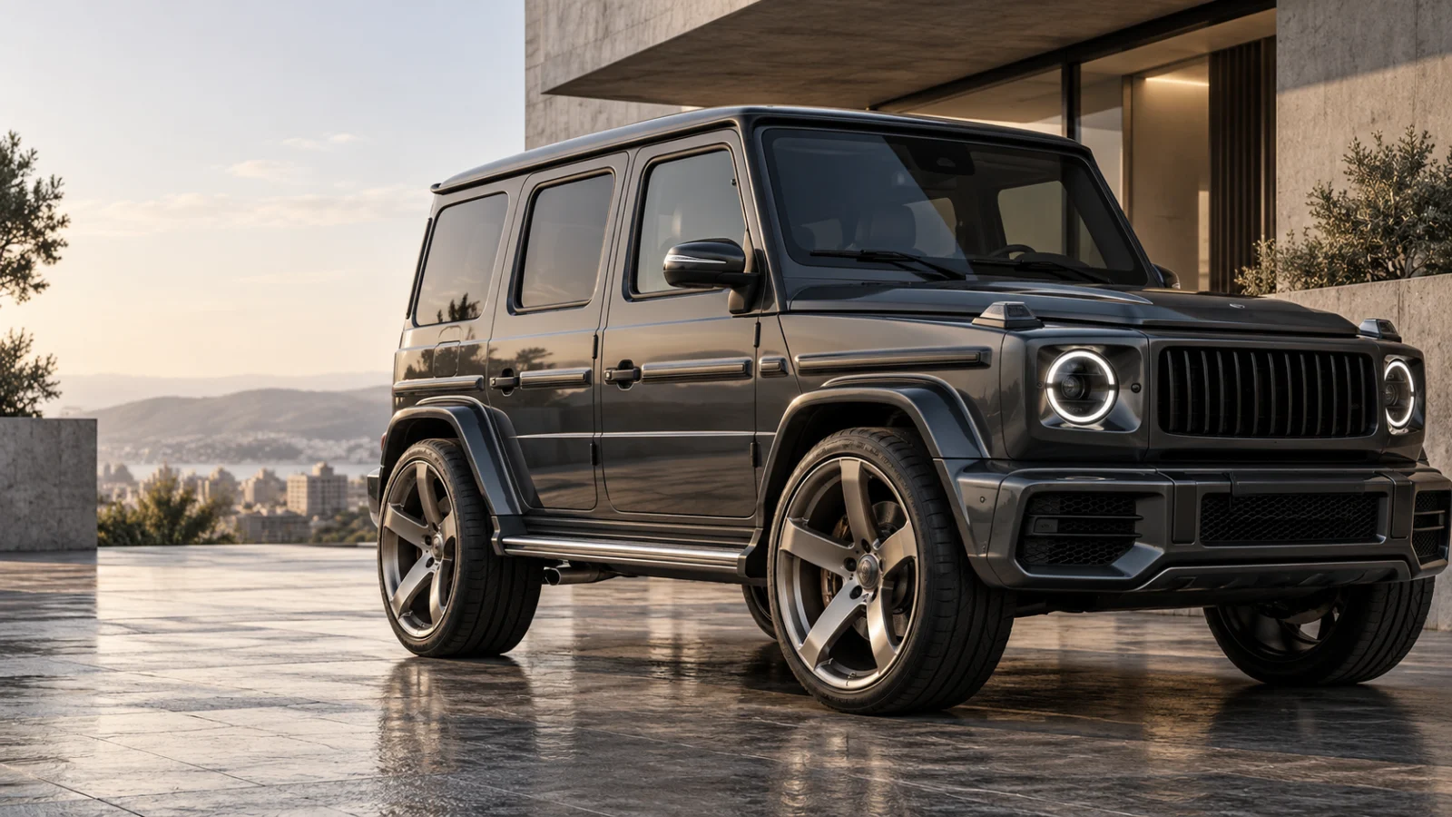 G-Class-inspired SUV concept in an architectural city setting — AI-generated design inspiration
