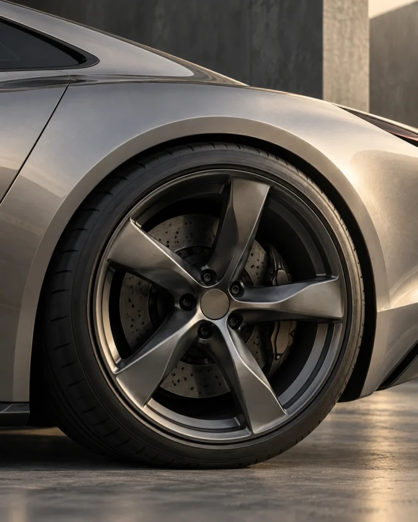 Concept proportion study: close rear wheel, arch, tire and brake detail of an original silver sports coupe.