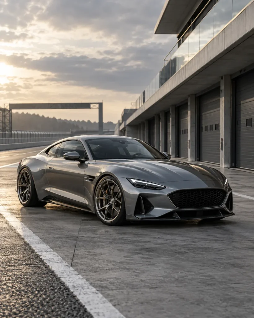 Build inspiration concept of an original sports coupe beside an empty pit lane.