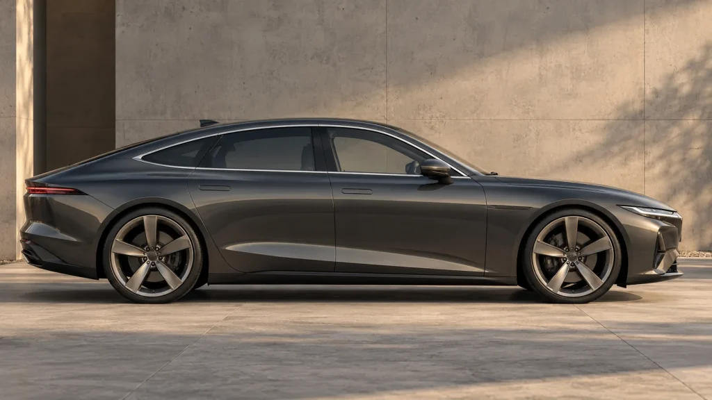Concept side-profile study of an original graphite luxury fastback sedan beside minimal concrete architecture.